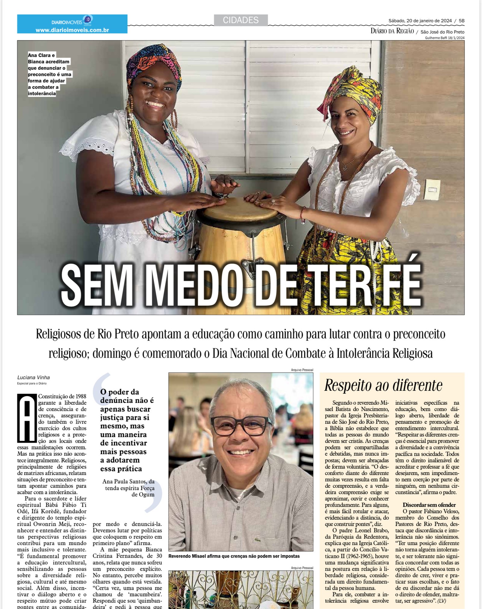 Reportagem sobre intolerância religiosa, publicada no Diário da Região, em 20/01/2024.